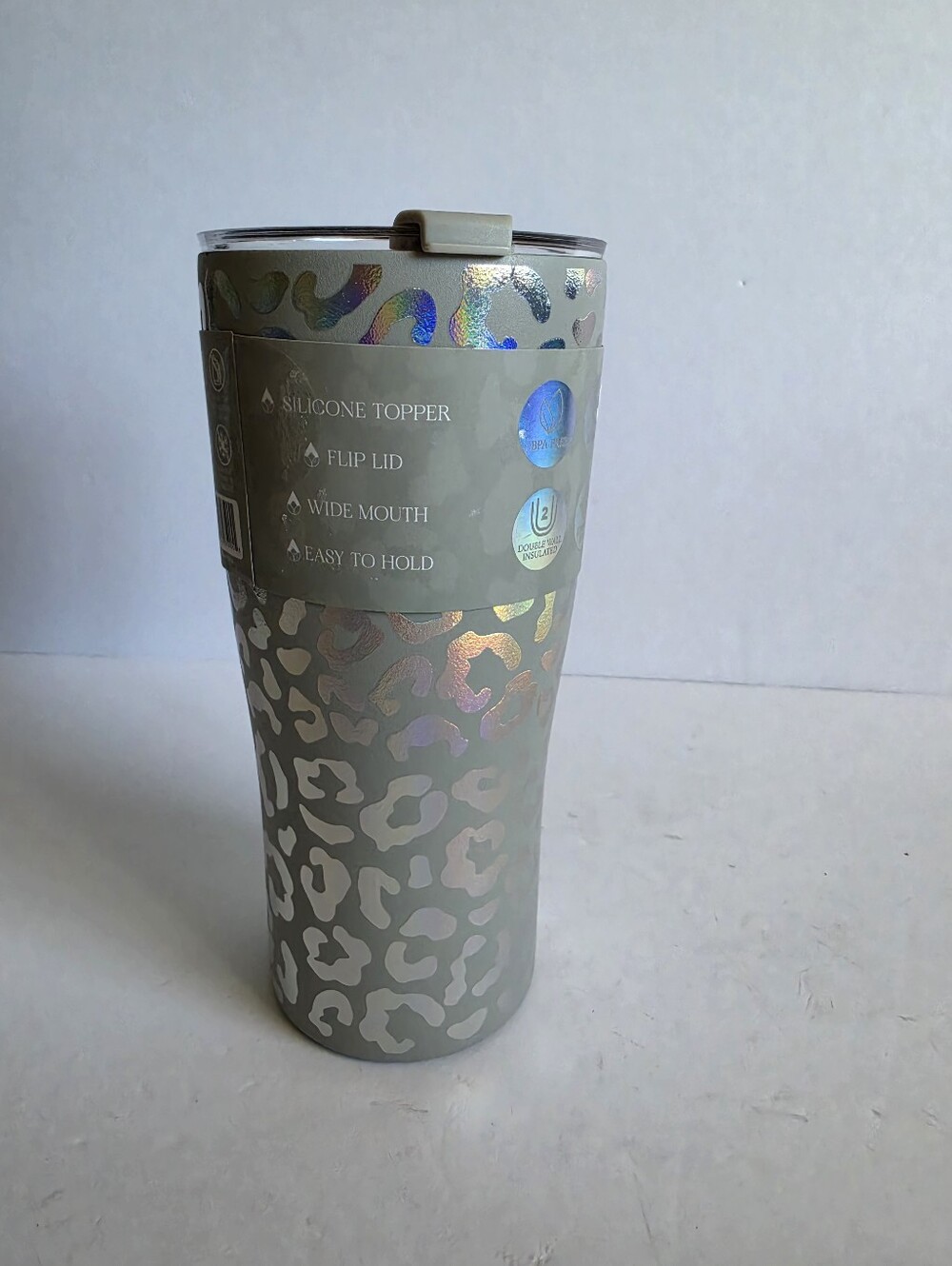 Iridescent Leopard Print Travel Tumbler - Silver/Gray 20 Oz